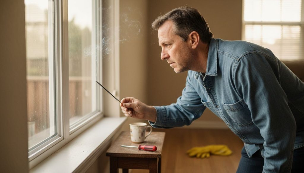 Homeowner inspecting window for draft leaks