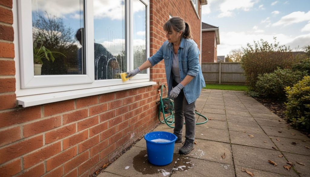Homeowner cleaning plastic window frame exterior