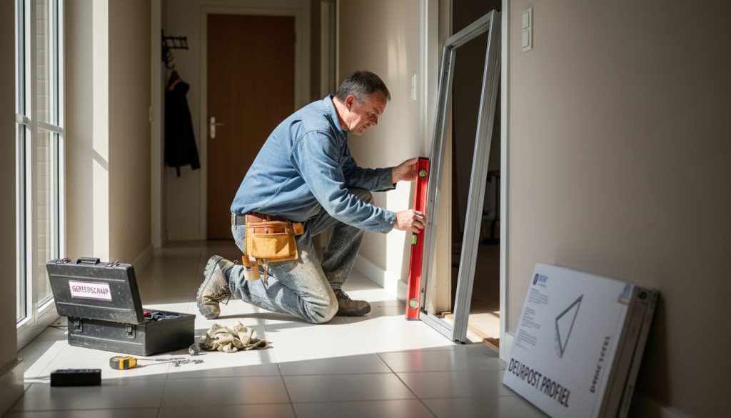 Een vakman inspecteert het aluminium deurkozijn op eventuele gebreken.