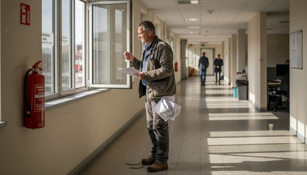 Een leidinggevende controleert de brandwerende kozijnen.