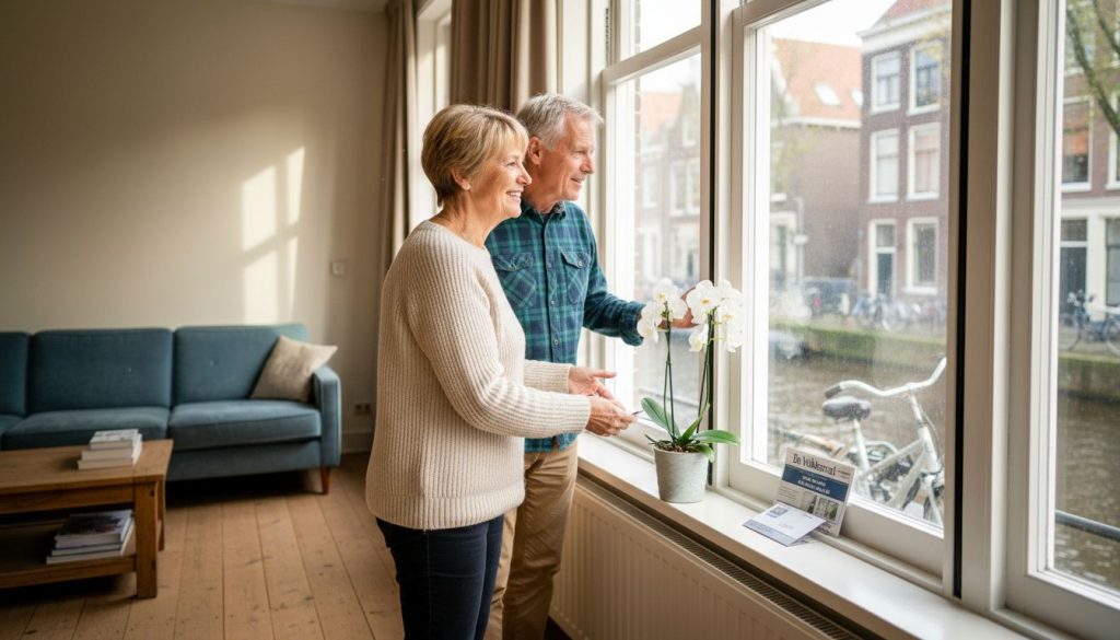 Een stel bewondert hun nieuwe, energiezuinige kozijnen.