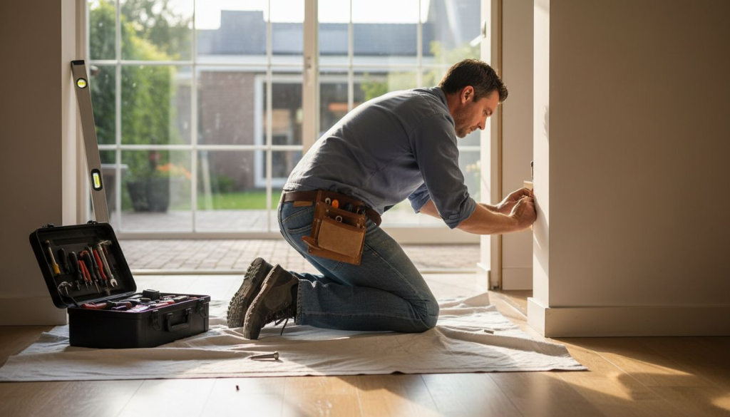 De monteur maakt de werkplek klaar voor het plaatsen van de schuifdeur.
