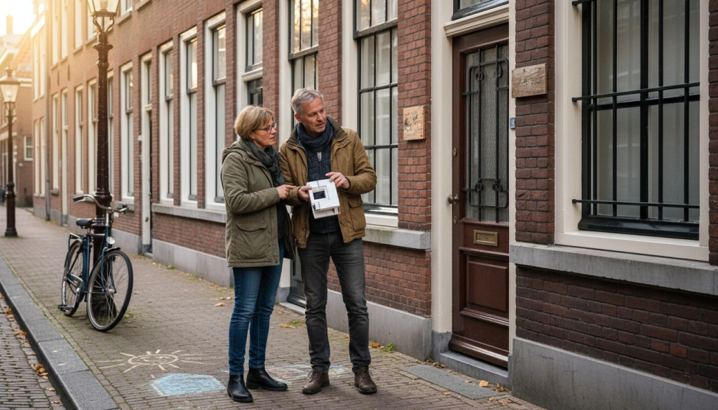 Een stel dat verschillende kozijnen aan Nederlandse huizen vergelijkt.