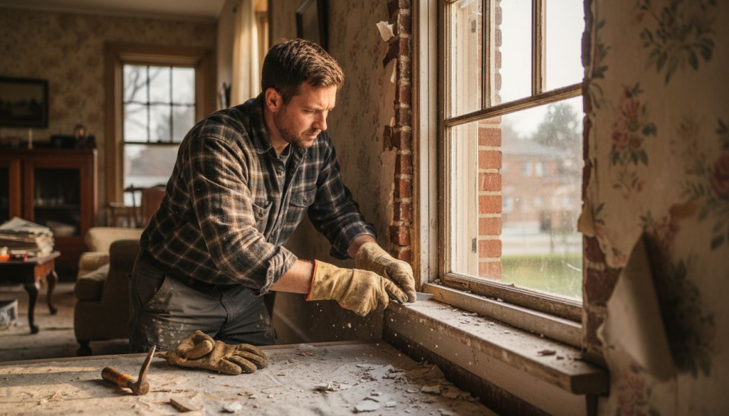 Een man is bezig het oude kozijn uit de woonkamer te verwijderen.