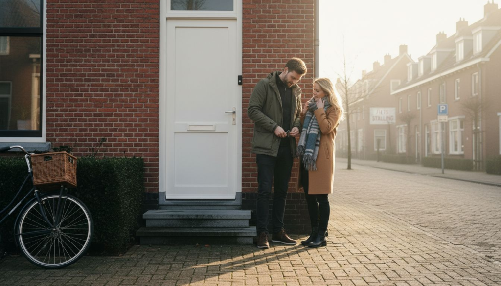 Stel poseert bij hun moderne kunststof voordeur thuis.