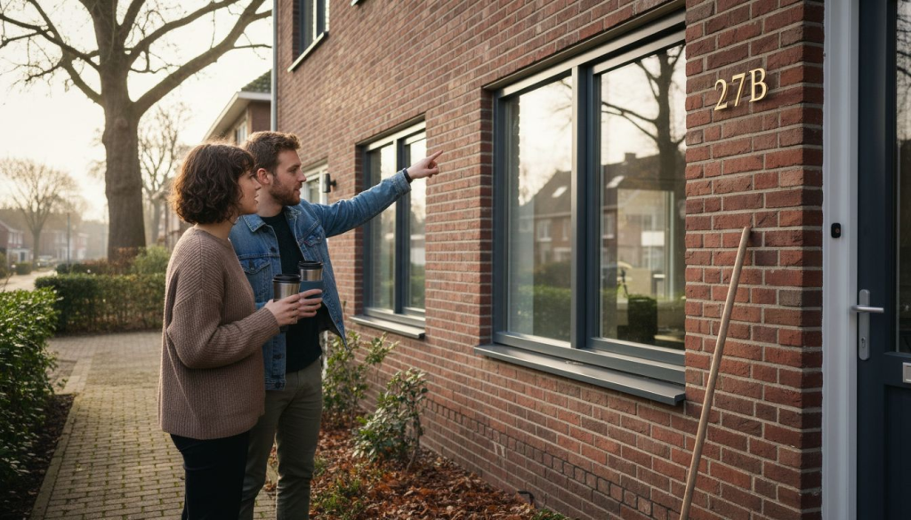 Een stel bekijkt samen hun nieuwe, duurzame kozijnen.