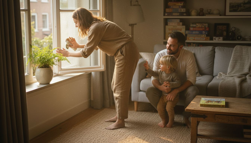 Het gezin laat frisse lucht binnen door het raam in de woonkamer open te zetten.
