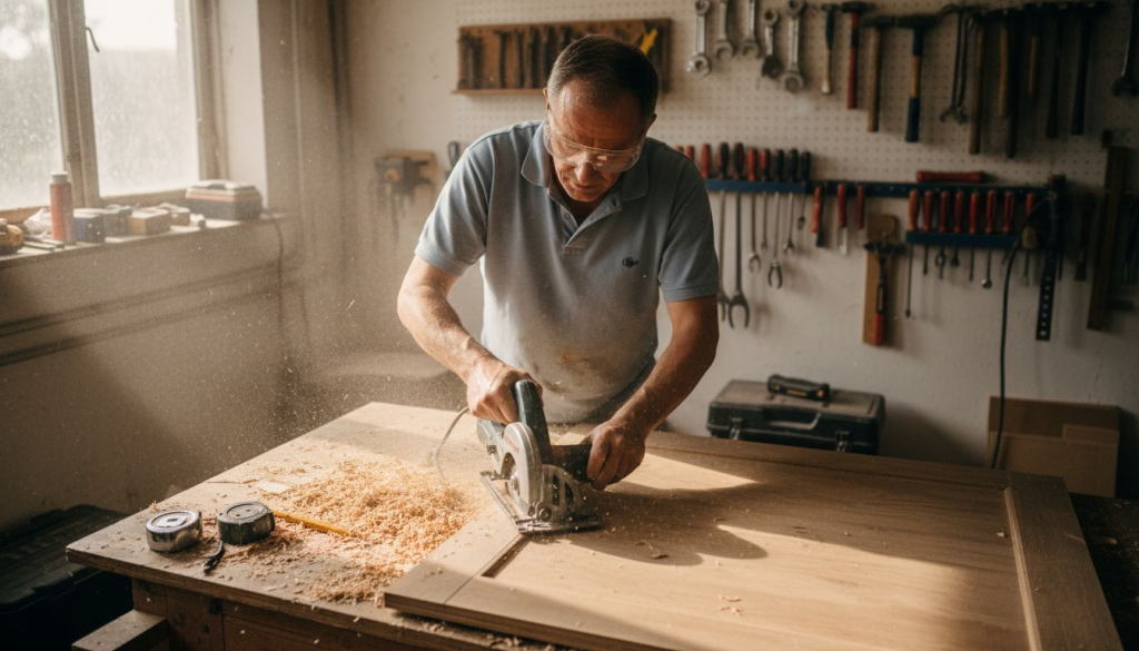 In de werkplaats wordt een binnendeur op maat gezaagd.