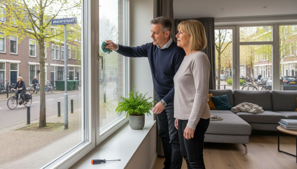 Stel geniet samen van het uitzicht bij een aluminium raam in hun energiezuinige woning.
