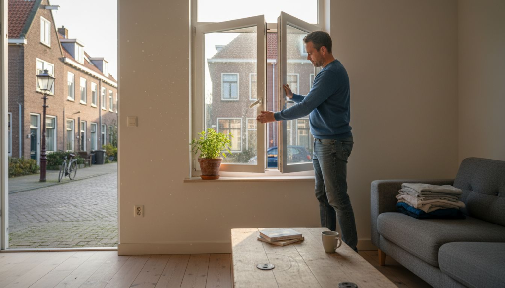 De bewoner zet het kunststof raam open in de lichte kamer.