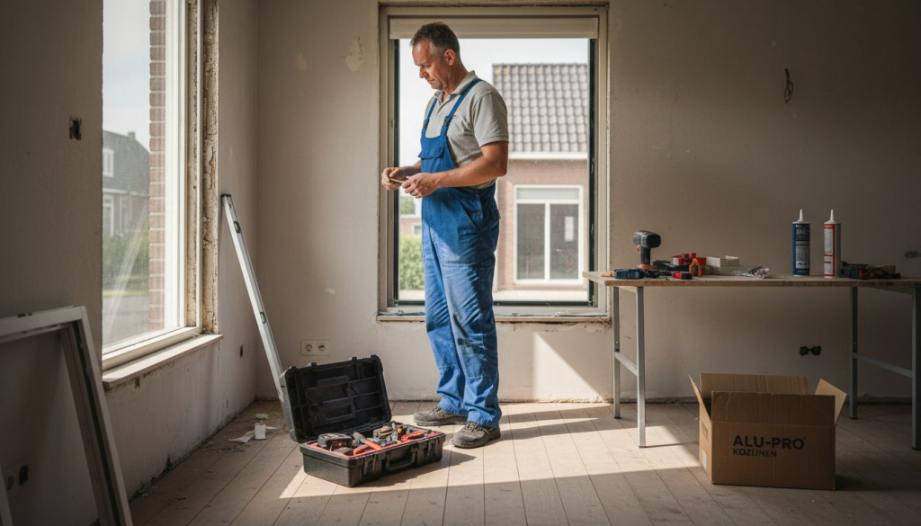 Een vakman is bezig met het plaatsen van kozijnen in de woonkamer.