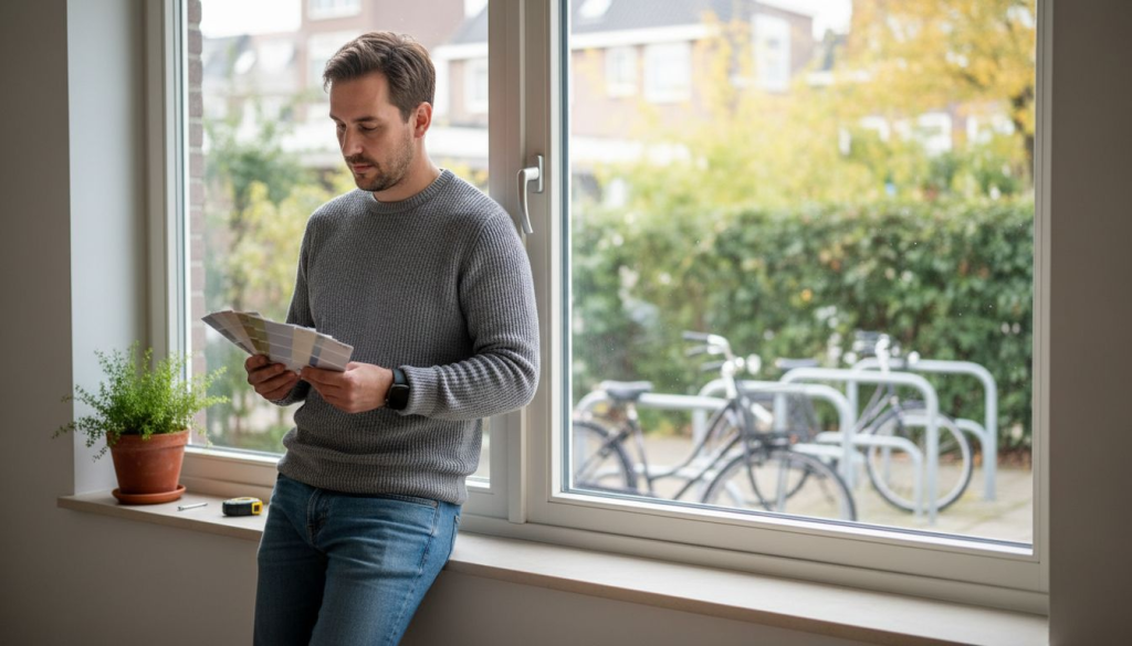 Een man bekijkt verschillende kleurstalen om de juiste kleur voor zijn kunststof kozijn te kiezen.