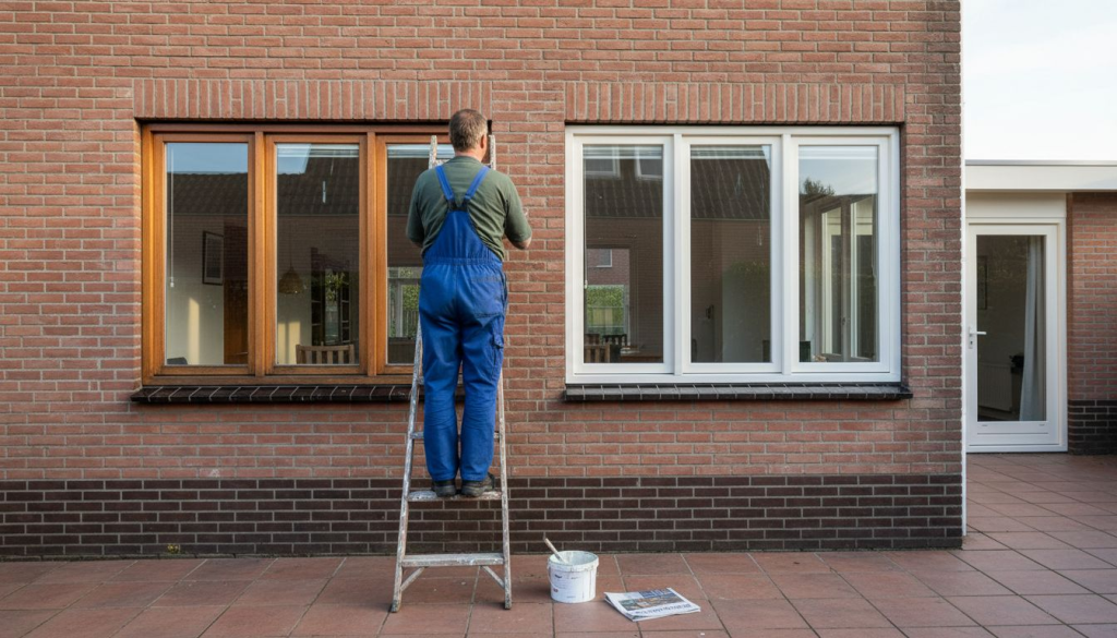 Een man bekijkt de staat van de houten en kunststof kozijnen aan de buitenkant van het huis.