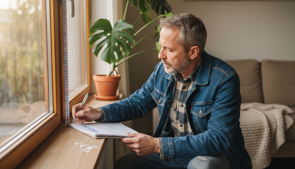Een man bekijkt en meet de oude kozijnen zorgvuldig na.