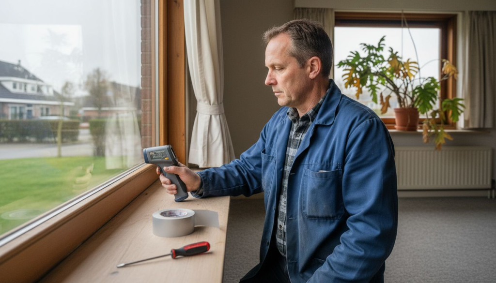 Een inspecteur bekijkt het kozijn om te zien of het goed is geïsoleerd.