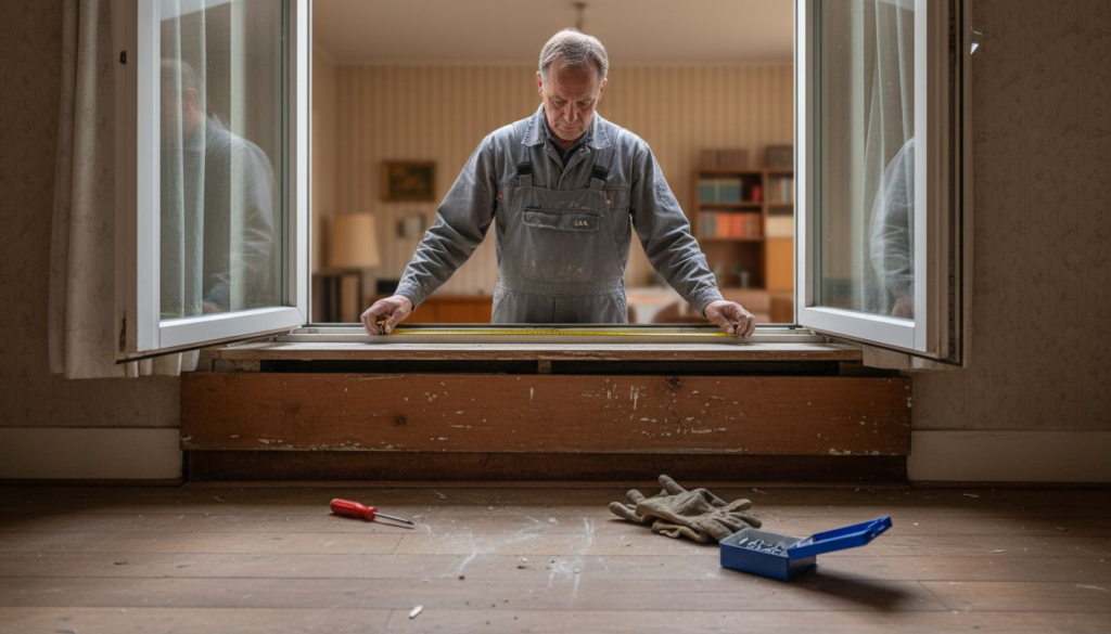 Een vakman vervangt het oude kozijn in een karakteristieke woning door een modern renovatiekozijn.