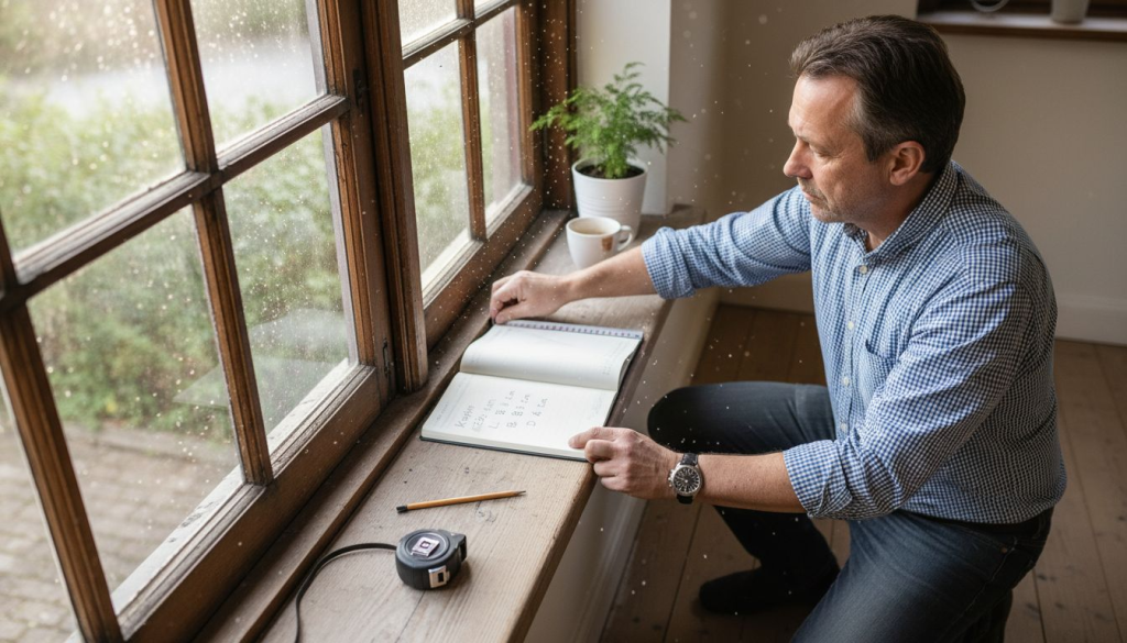 Een man meet het kozijn bij het raam op met een rolmaat.