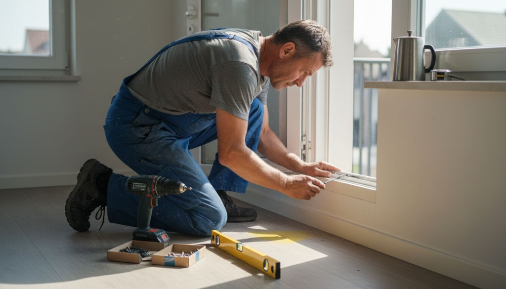 Een vakman maakt alles klaar voor het plaatsen van een aluminium raam.