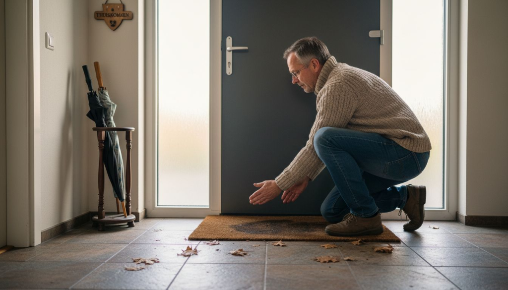 Een huiseigenaar controleert of er tocht langs de goed geïsoleerde voordeur komt.
