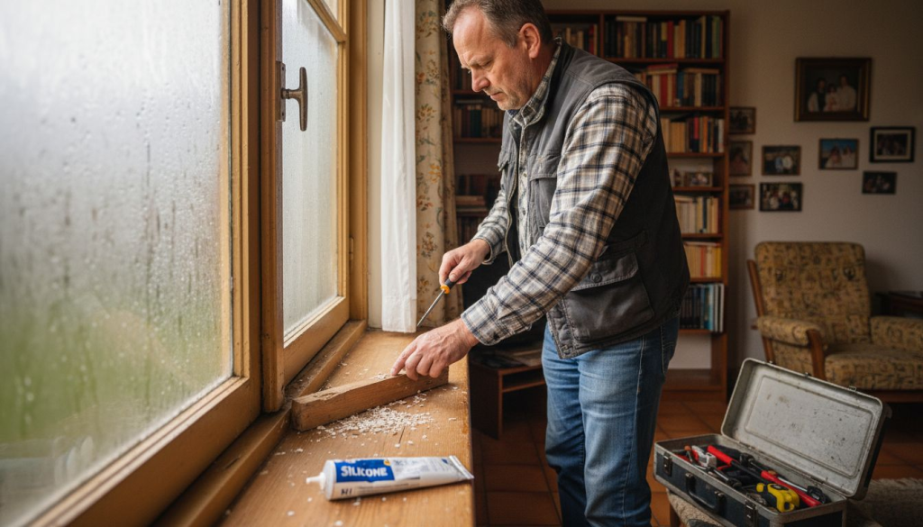 Man bekijkt oud raamkozijn in huis