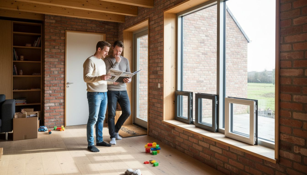 Een stel laat zich adviseren over duurzame kozijnen voor hun nieuwe woning.