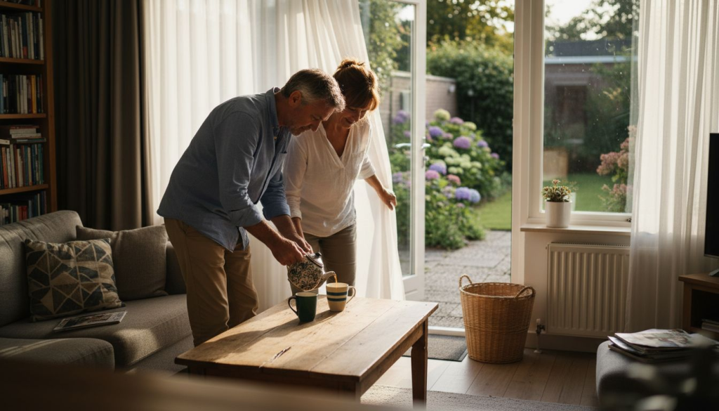 Stel geniet samen van de woonkamer met een mooie hefschuifpui naar de tuin.