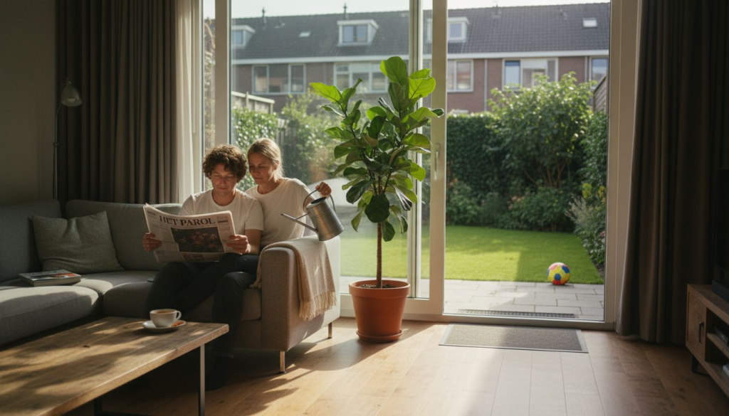 Gezellige woonkamer met schuifpui die direct toegang biedt tot de tuin.
