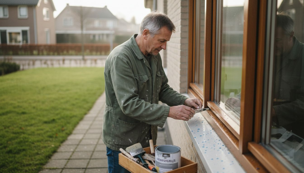 Een man bekijkt het houten kozijn aan de buitenkant van zijn huis.