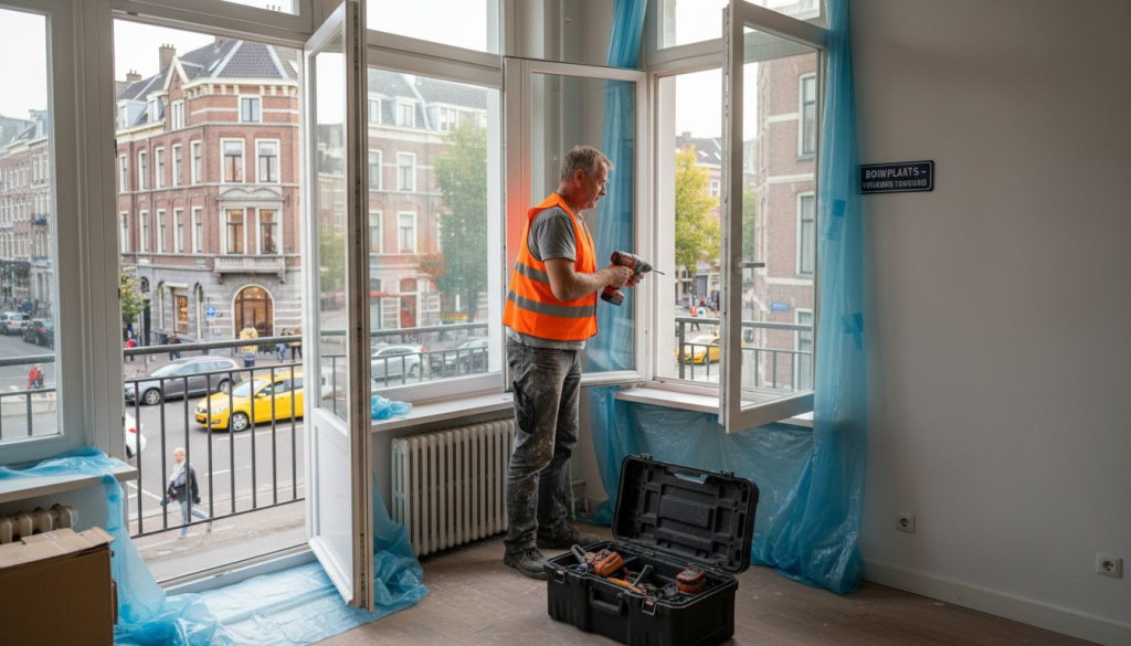 Vakman plaatst nieuw kozijn in appartementencomplex