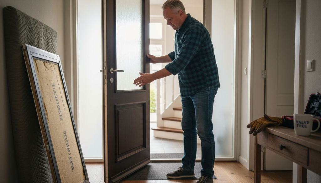 Een woningeigenaar bekijkt aandachtig het moderne, goed geïsoleerde deurprofiel.