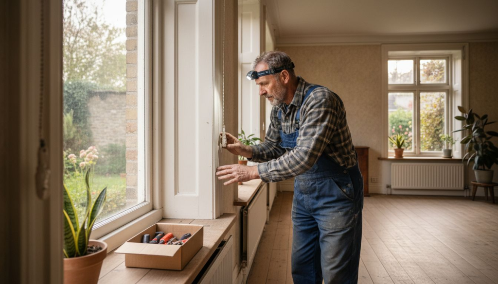 Man bekijkt het sierlijstwerk rondom het kozijn aandachtig