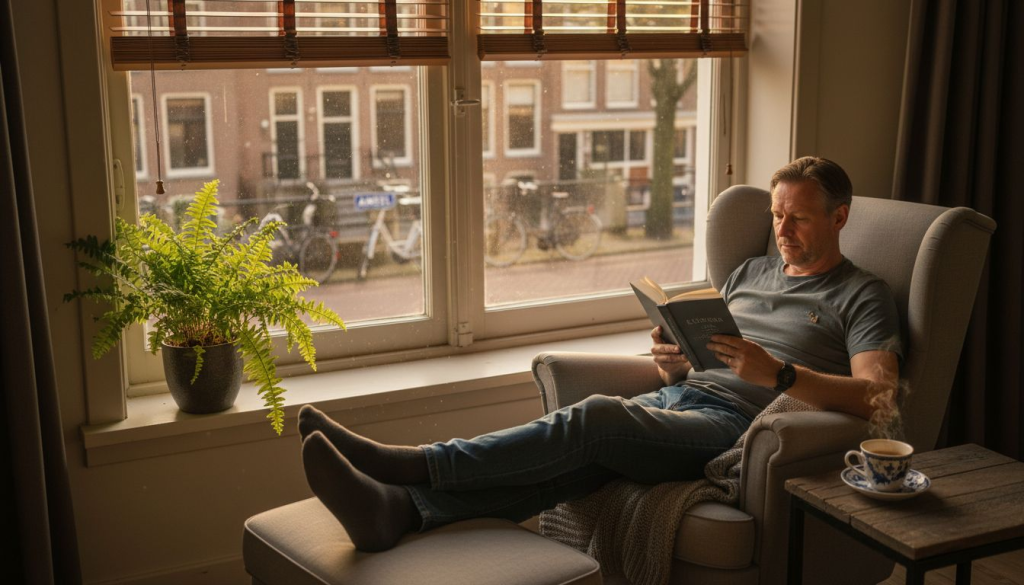 Een man zit rustig bij het raam, waar het lekker geïsoleerd is.