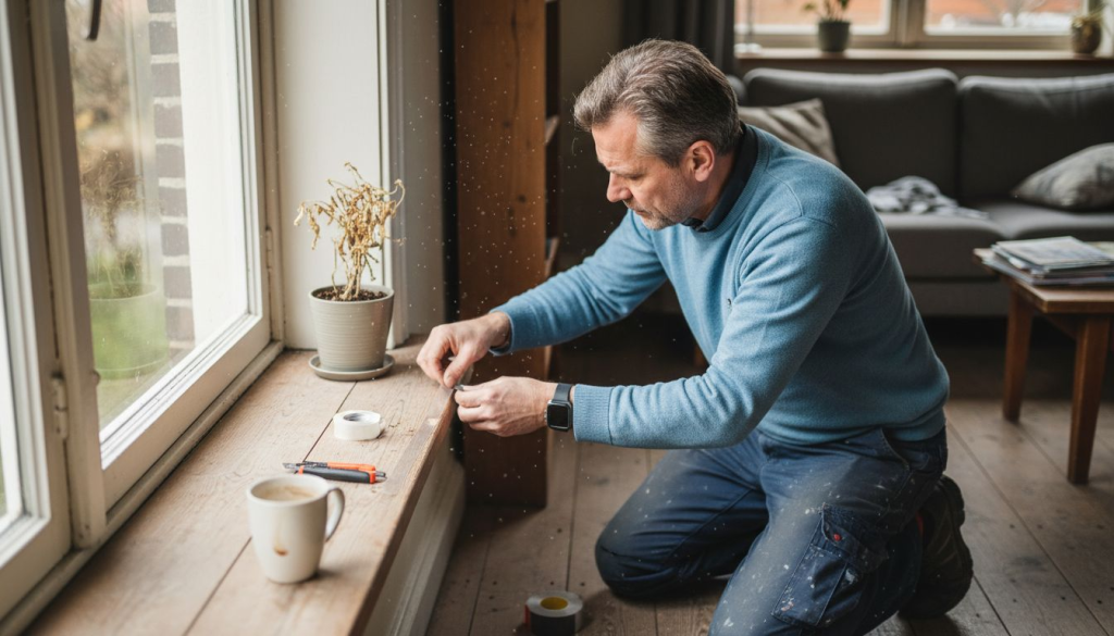 Man inspecteert de kier tussen het kozijn en de muur in de woonkamer