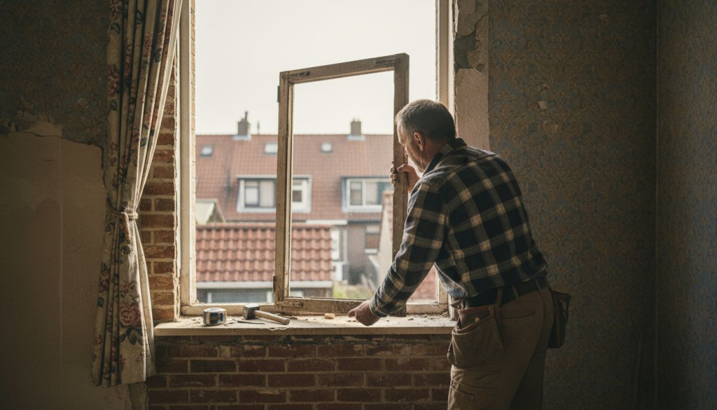 Een monteur haalt het oude raam uit het huis.