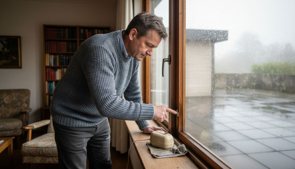 Een man bekijkt het vochtige kozijn in de woonkamer aandachtig.