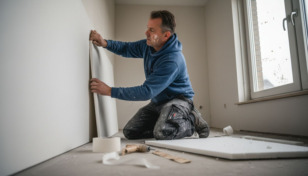 De isolatiespecialist brengt het isolatiemateriaal aan in de woning.