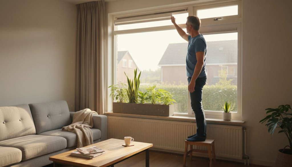 Een man zet het ventilatierooster bij het raam in de woonkamer open.
