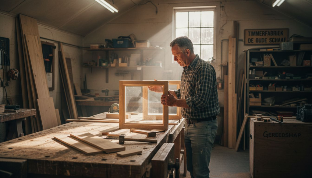 Een timmerman aan het werk met een houten stolpkozijn in de werkplaats.