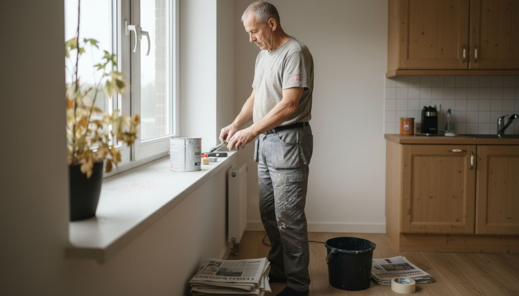 Een man maakt de binnenkant van het kozijn klaar voor verdere afwerking.