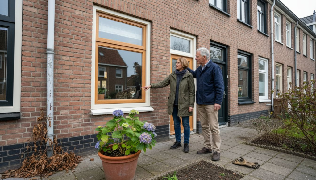 Een groepje mensen staat te praten over de opvallende kleuren van de kozijnen aan de buitenkant van een huis.