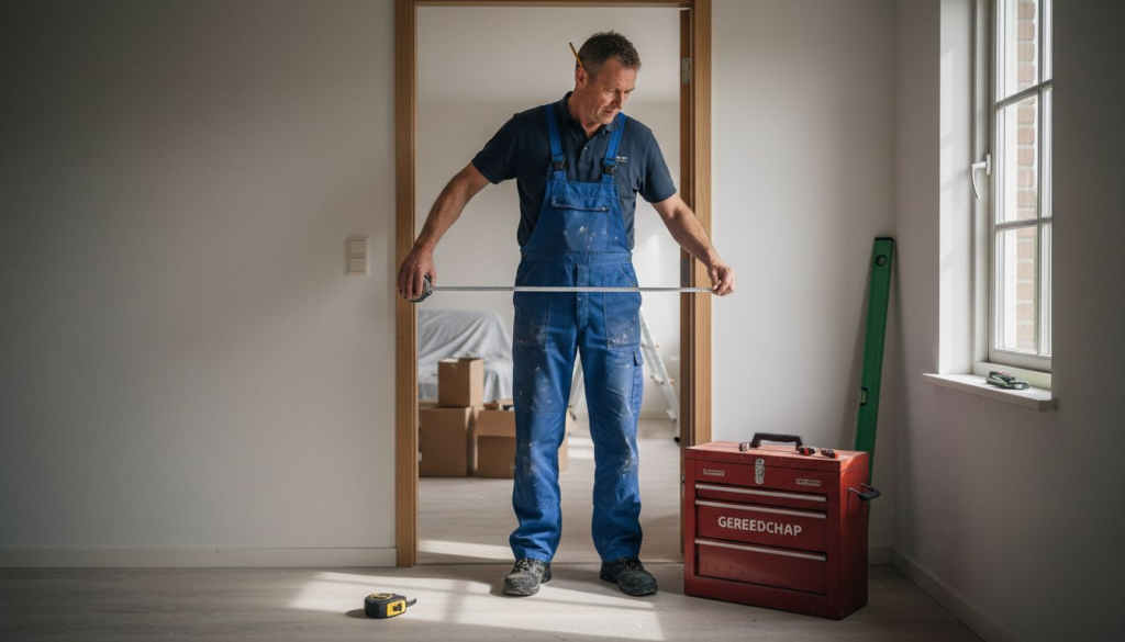 De installateur komt de opening opmeten waar de aluminium deur geplaatst moet worden.