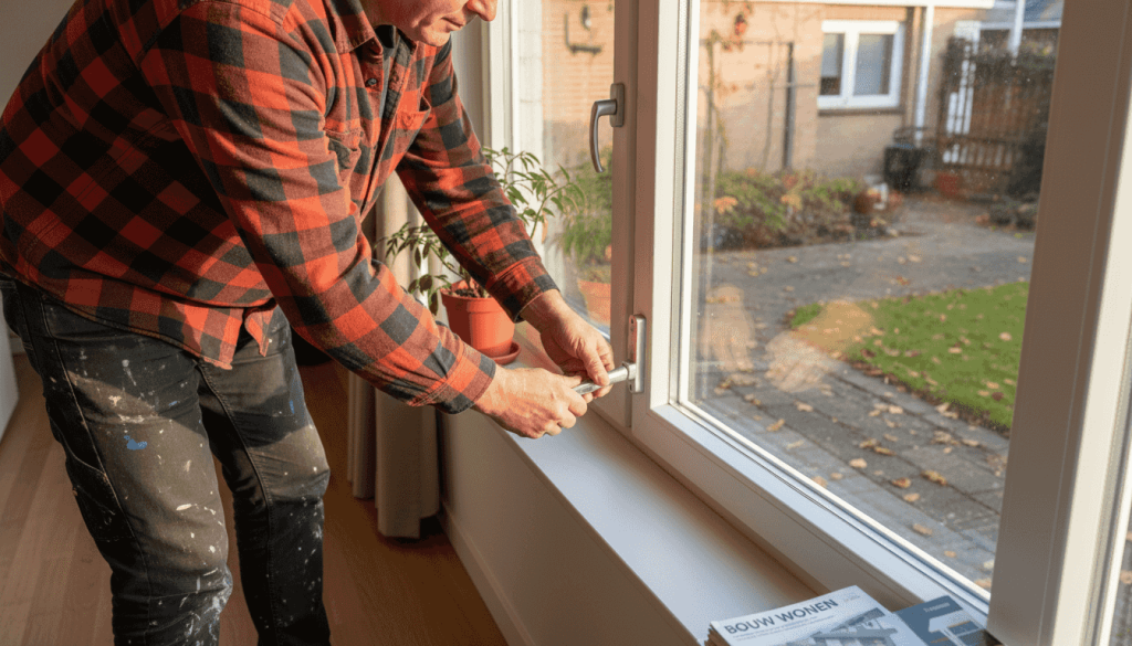 Een huiseigenaar controleert of de raamsluitingen goed op slot zitten.