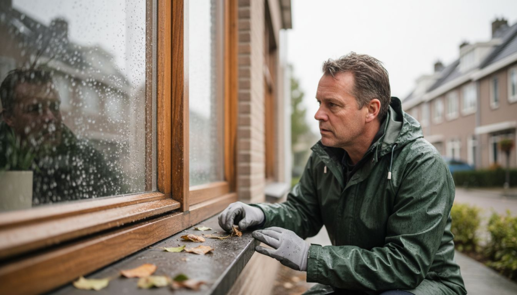 Man inspecteert vochtig houten kozijn