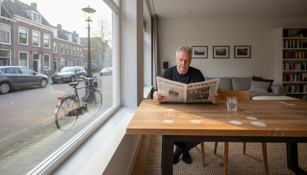 Een man zit in de woonkamer te lezen, vlakbij een geluiddicht kozijn.