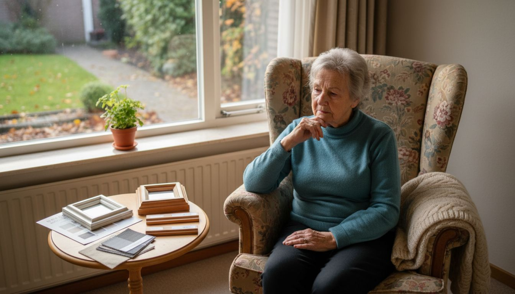Een oudere vrouw denkt na over welke ramen het beste in haar slaapkamer passen.
