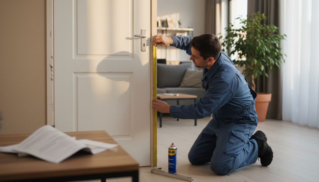 De installateur komt de maten opnemen voor een opdekdeur in de woonkamer.