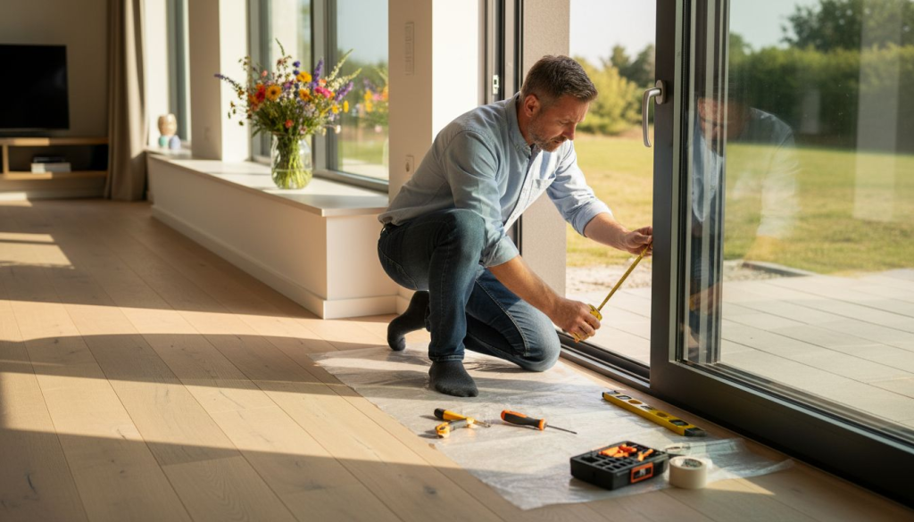 In een lichte woonkamer inspecteert een man aandachtig het profiel van het raam.