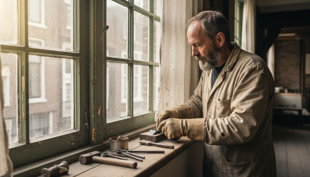 Een vakman herstelt een oud houten kozijn van een monumentaal pand.