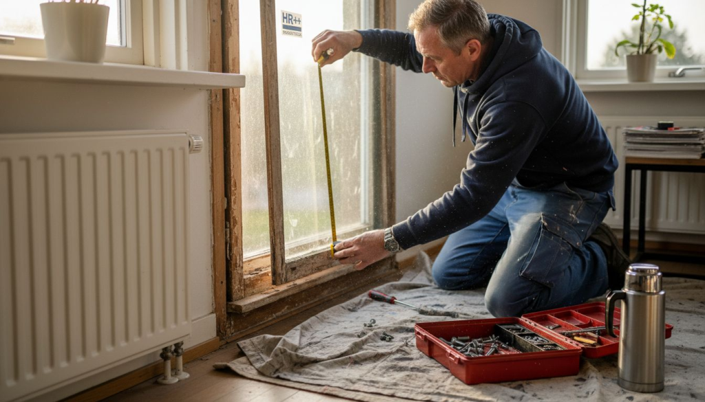 Een monteur neemt nauwkeurig de maten op van een oud raam, zodat het straks perfect vervangen kan worden tijdens de renovatie.
