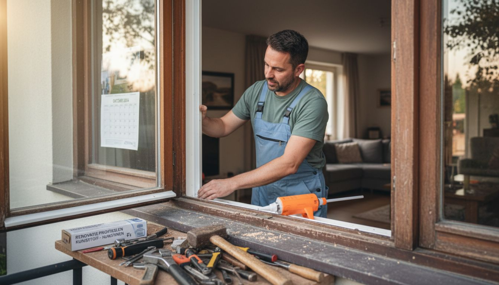 De monteur brengt een renovatieprofiel aan op het kozijn.